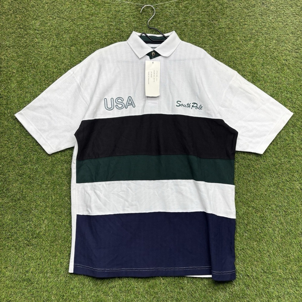 Vintage South Pole Rugby Polo Shirt Mens Large Y2K Short Sleeve USA Striped NWT